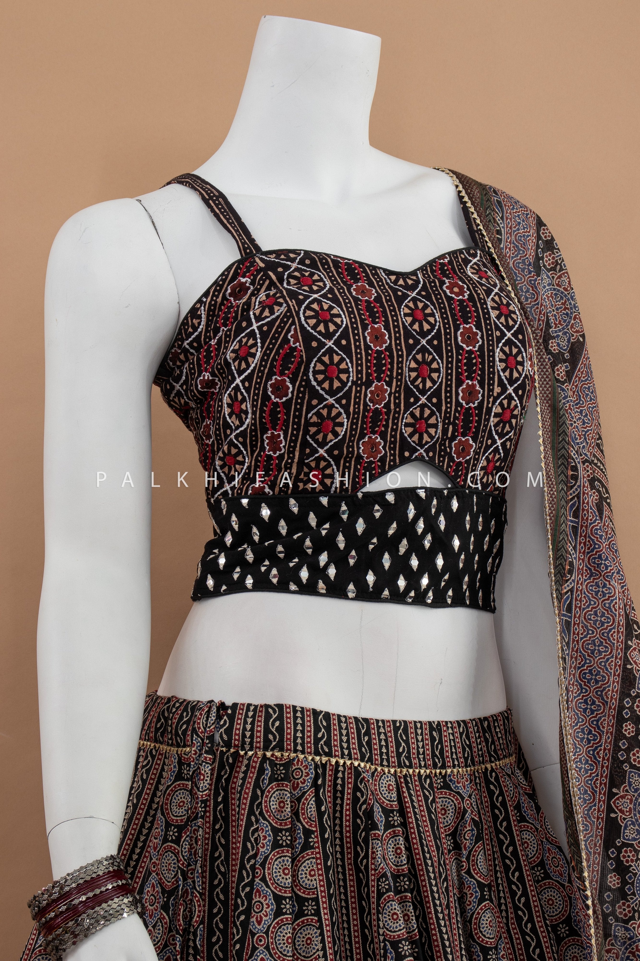 Rajasthani Elegance: Ajarakh Designer Chaniya Choli with Mirror Work – Palkhi Fashion