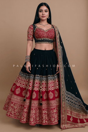 Rajasthani Majesty: Black & Maroon Soft Silk Chaniya Choli with Heritage work – Palkhi Fashion