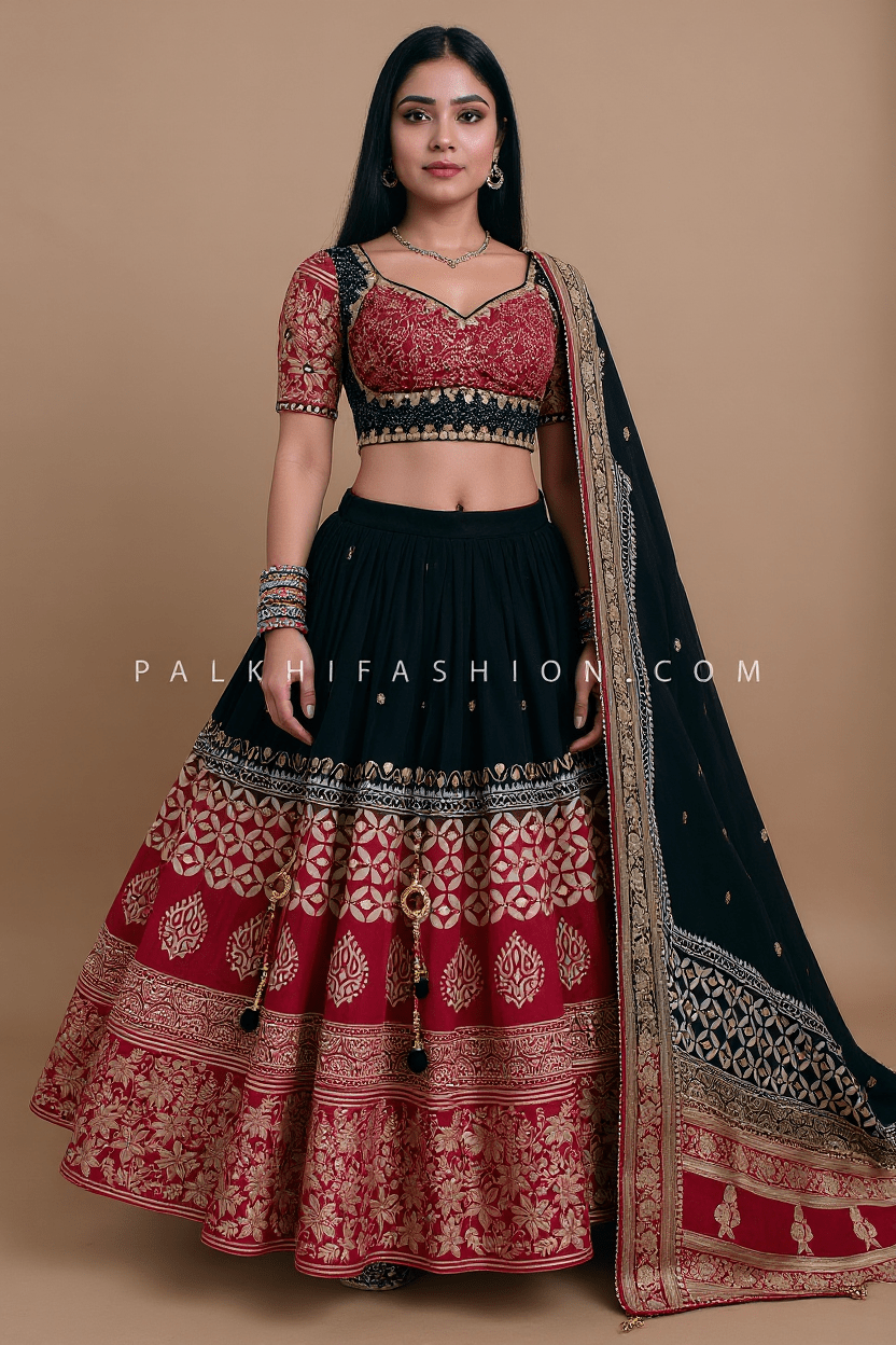 Rajasthani Majesty: Black & Maroon Soft Silk Chaniya Choli with Heritage work – Palkhi Fashion