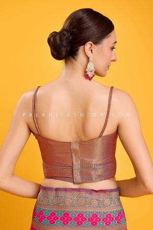 Rani Pink & Teal Zari Weaving Saree In Banarasi Satin Silk