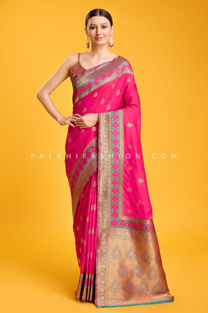 Rani Pink & Teal Zari Weaving Saree In Banarasi Satin Silk