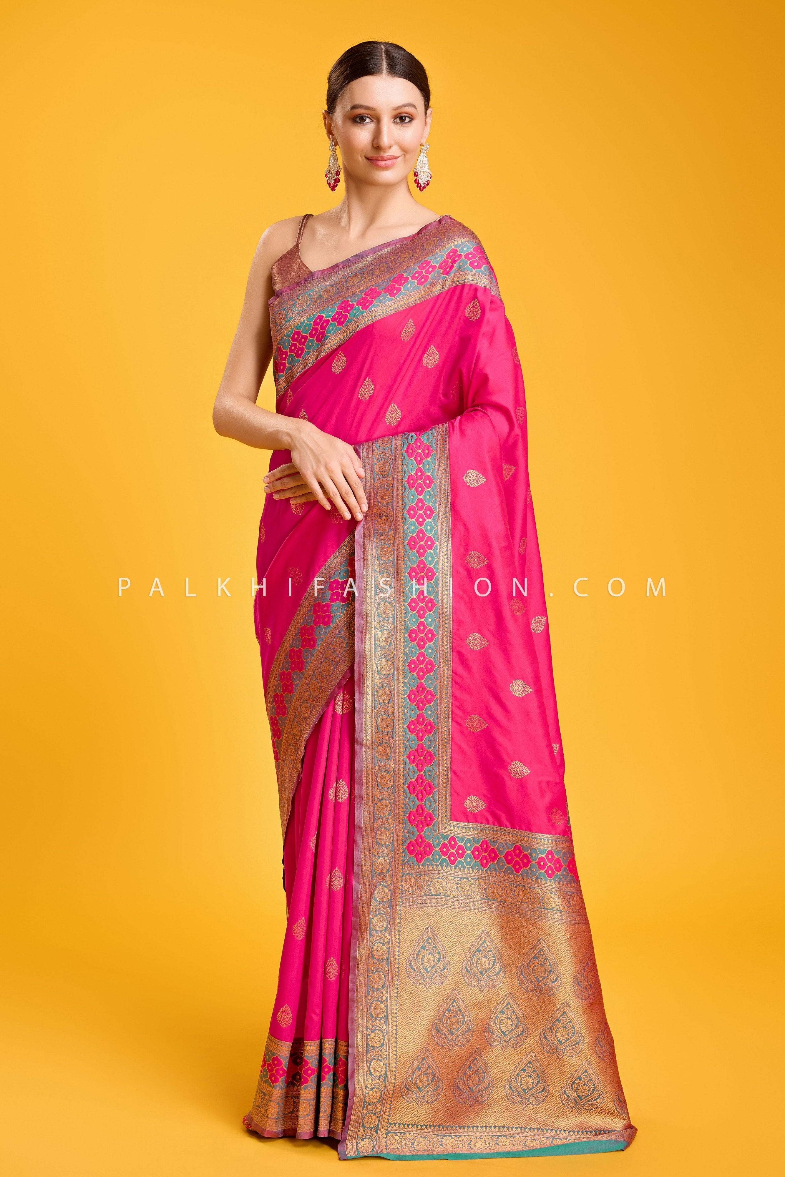 Rani Pink & Teal Zari Weaving Saree In Banarasi Satin Silk