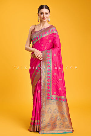 Rani Pink & Teal Zari Weaving Saree In Banarasi Satin Silk
