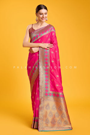 Rani Pink & Teal Zari Weaving Saree In Banarasi Satin Silk