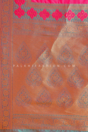 Rani Pink & Teal Zari Weaving Saree In Banarasi Satin Silk