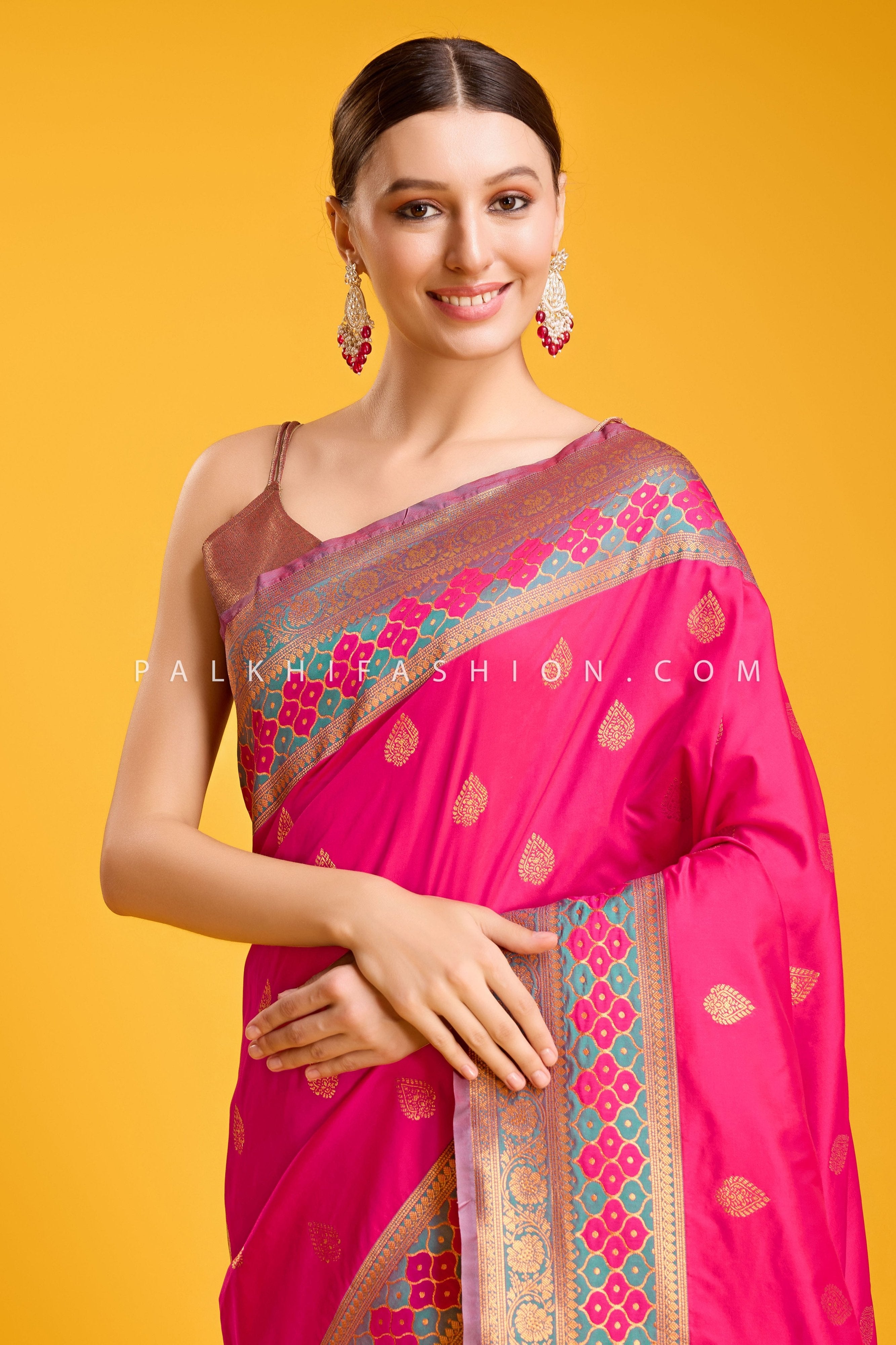 Rani Pink & Teal Zari Weaving Saree In Banarasi Satin Silk