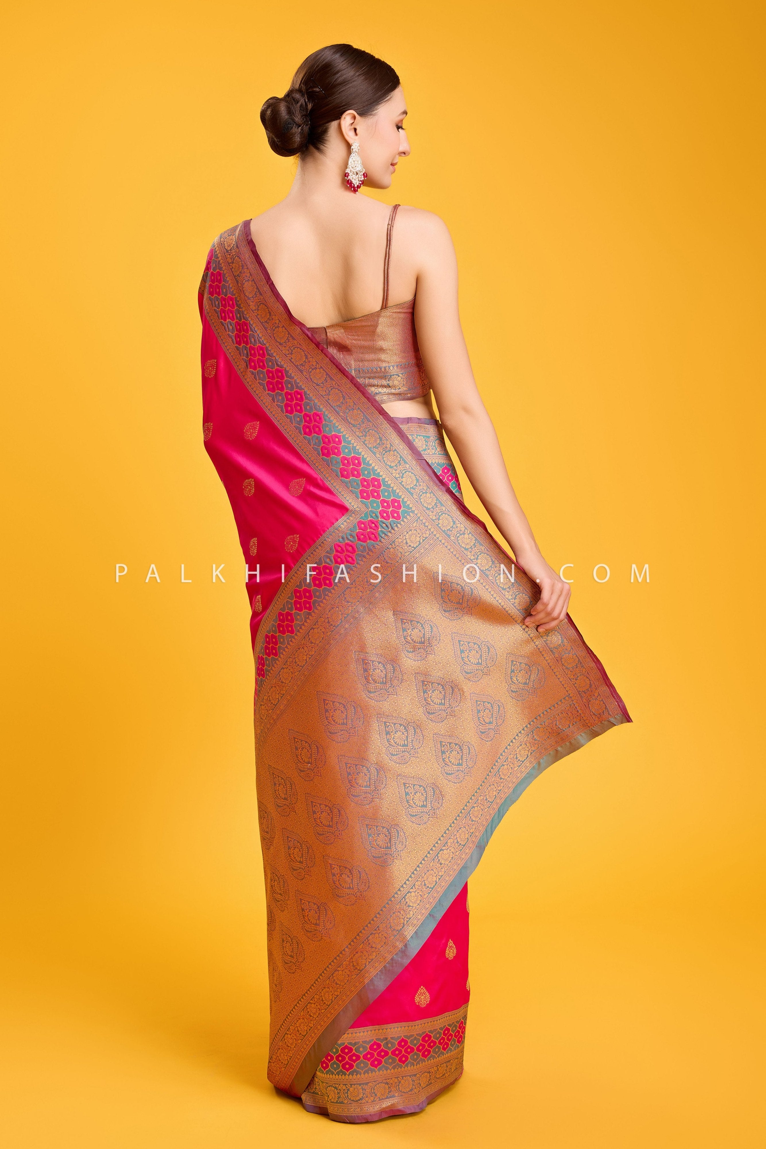 Rani Pink & Teal Zari Weaving Saree In Banarasi Satin Silk