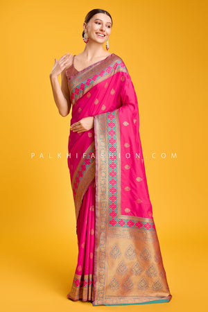 Rani Pink & Teal Zari Weaving Saree In Banarasi Satin Silk