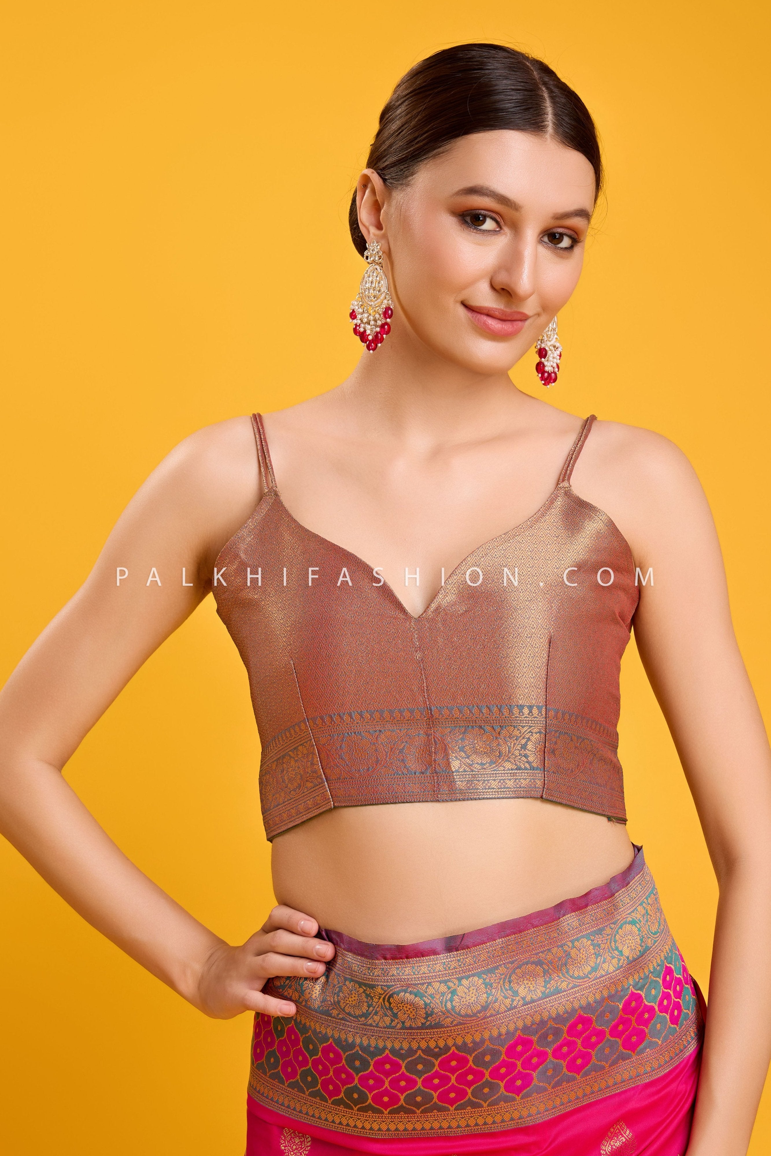 Rani Pink & Teal Zari Weaving Saree In Banarasi Satin Silk