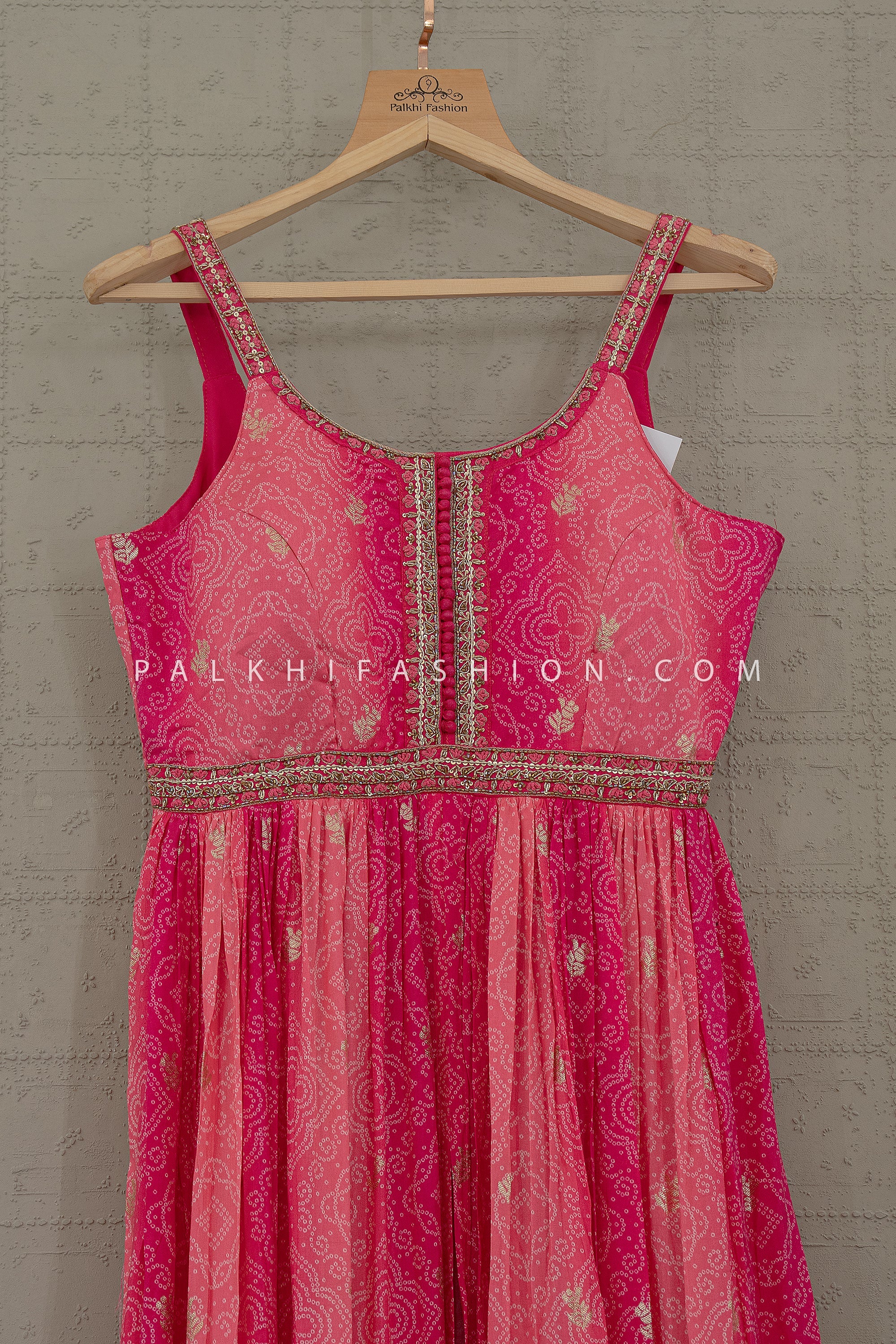 Rani Raga Glow: Rani Pink Shaded Bandhani Front - Slit Palazzo Set with Handwork– Palkhi Fashion