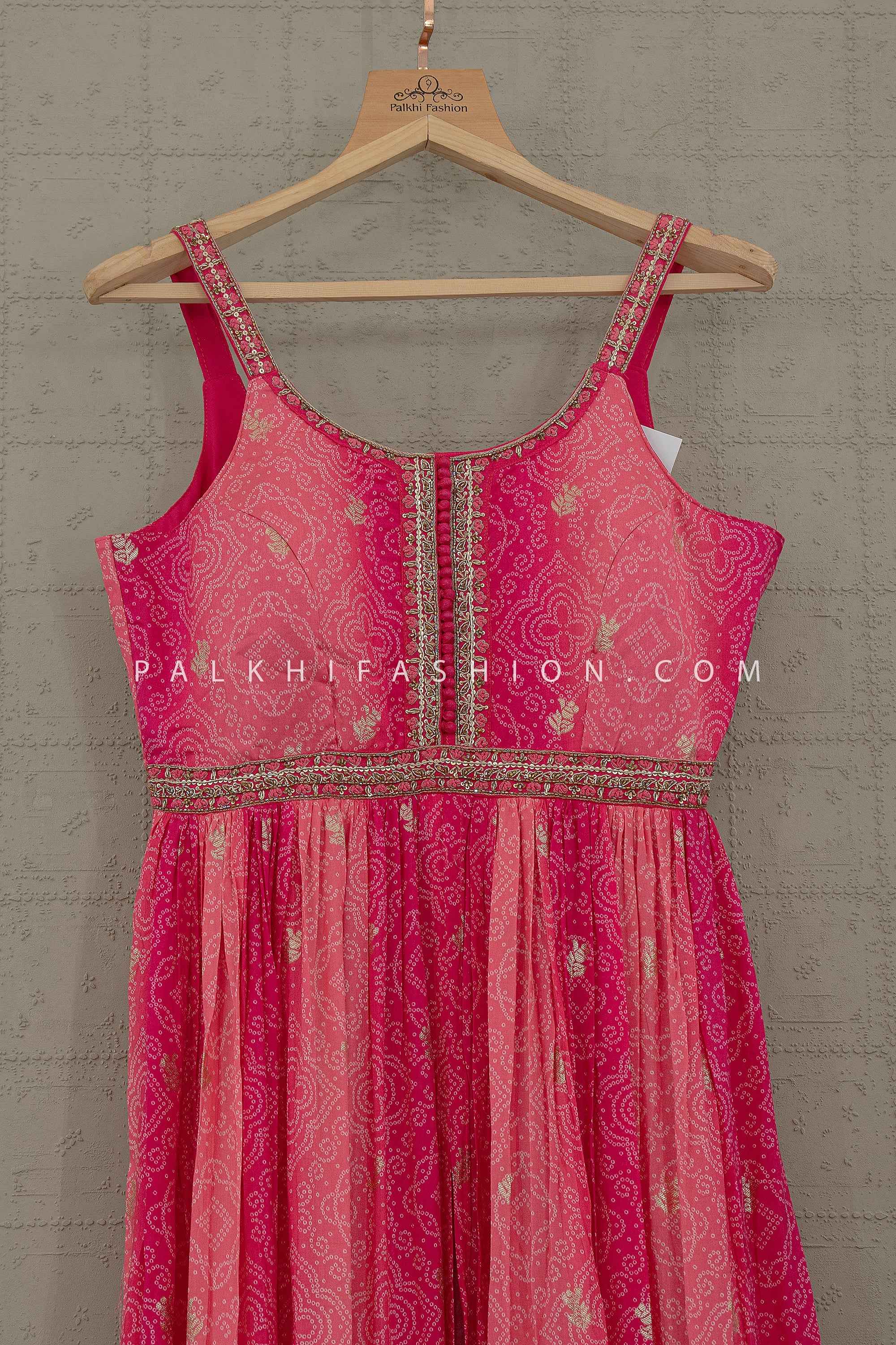 Rani Raga Glow: Rani Pink Shaded Bandhani Front-Slit Palazzo Set with Handwork– Palkhi Fashion