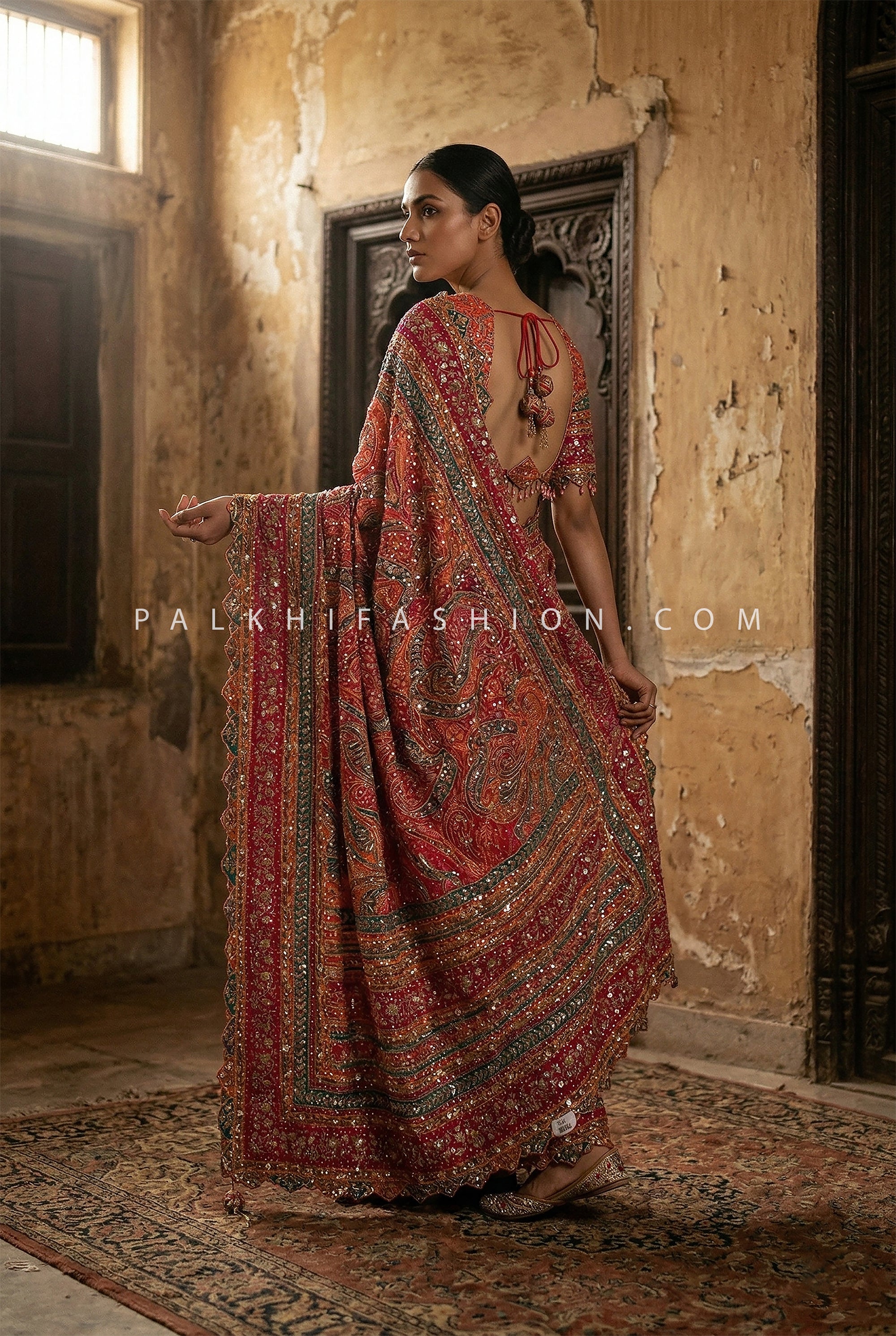 Regal Artisan Edit – Vermillion Heritage Handwork Crepe Saree – Palkhi Fashion