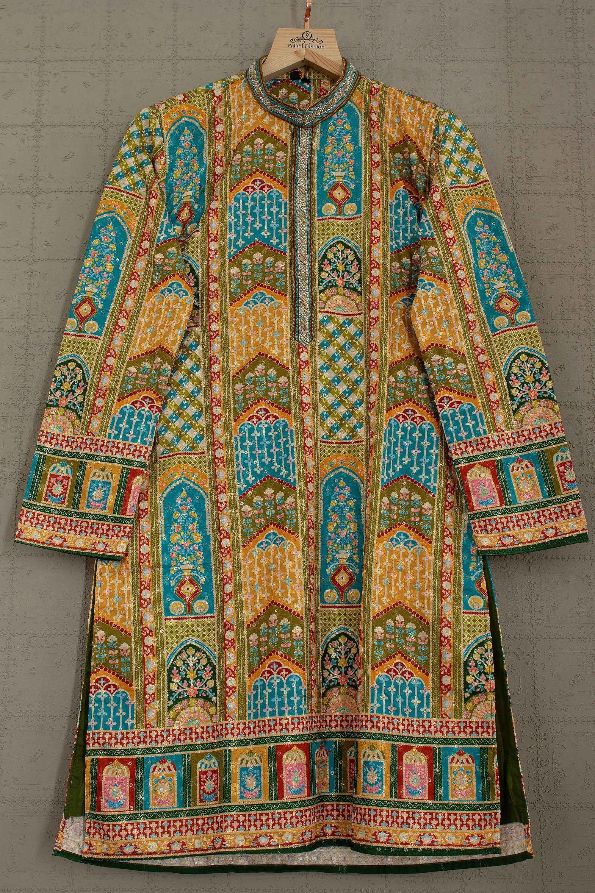 Regal Heritage: Multicolor Banarasi Brocade Kurta with Mughal Jaal Design – Palkhi Fashion