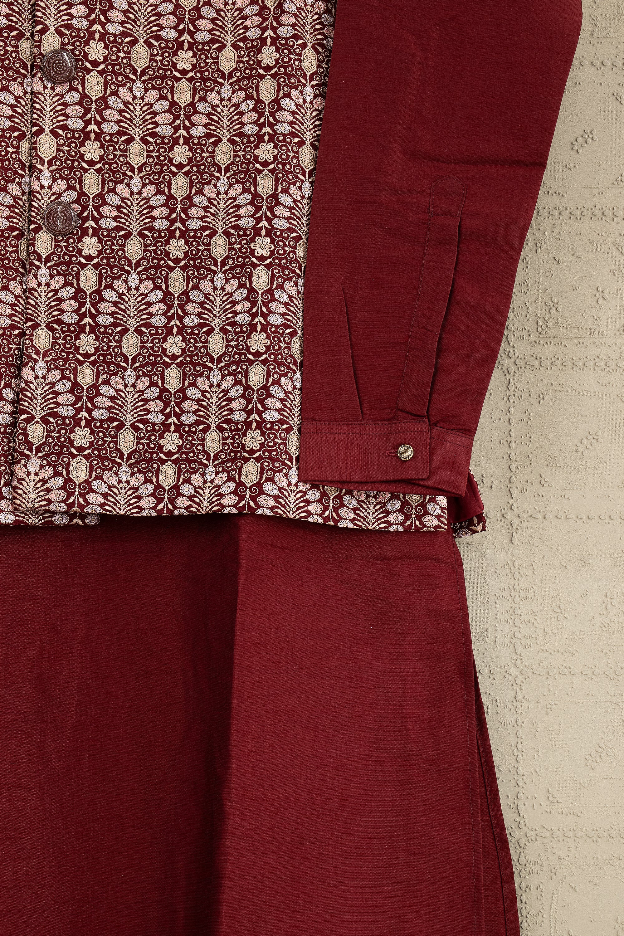 🥀 Regal Maroon Embroidered Kurta Jacket Set – Palkhi Fashion