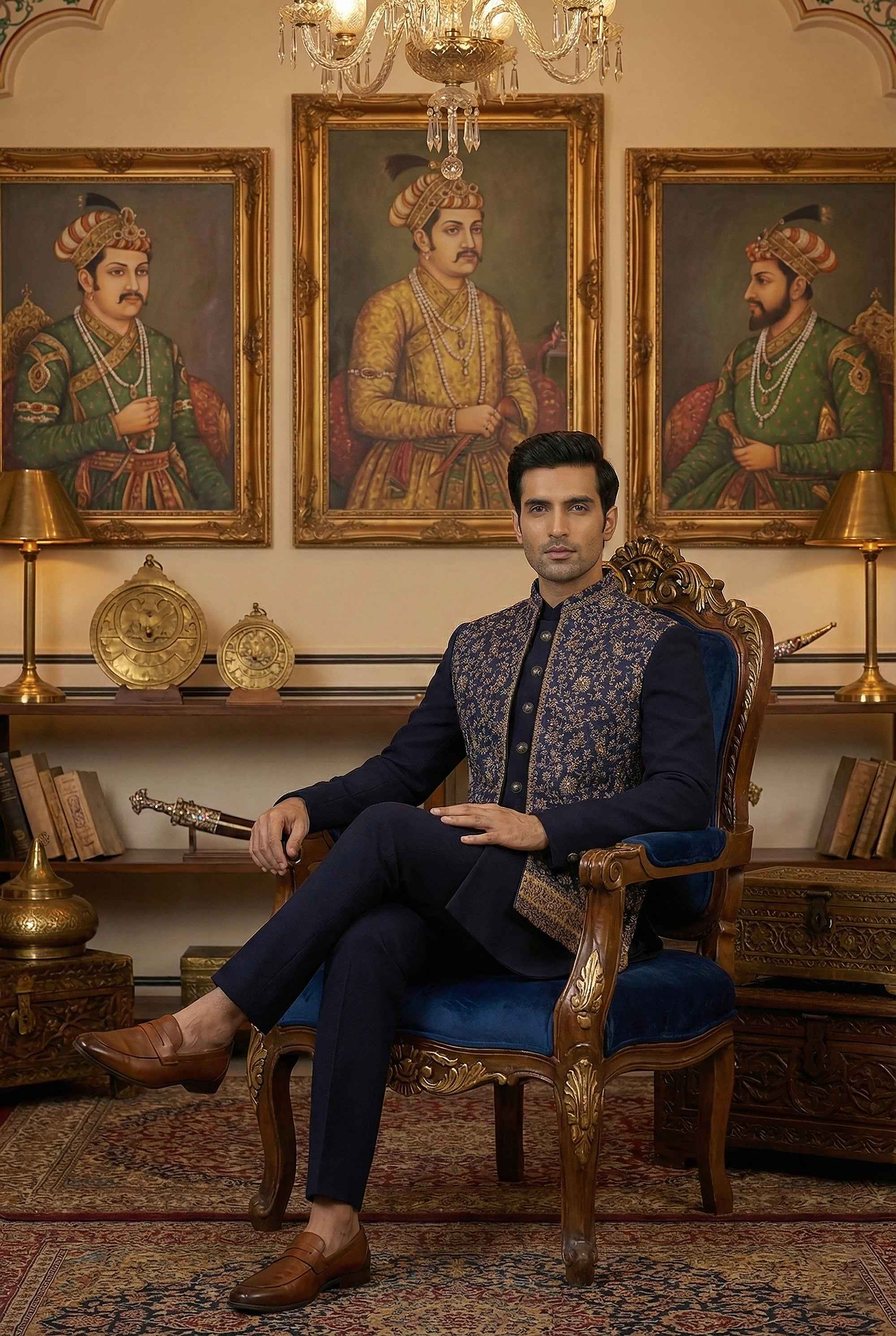 Regal Navy Royale: Soft Silk Indo-Western with Kashmiri Jaal work Jacket– Palkhi Fashion