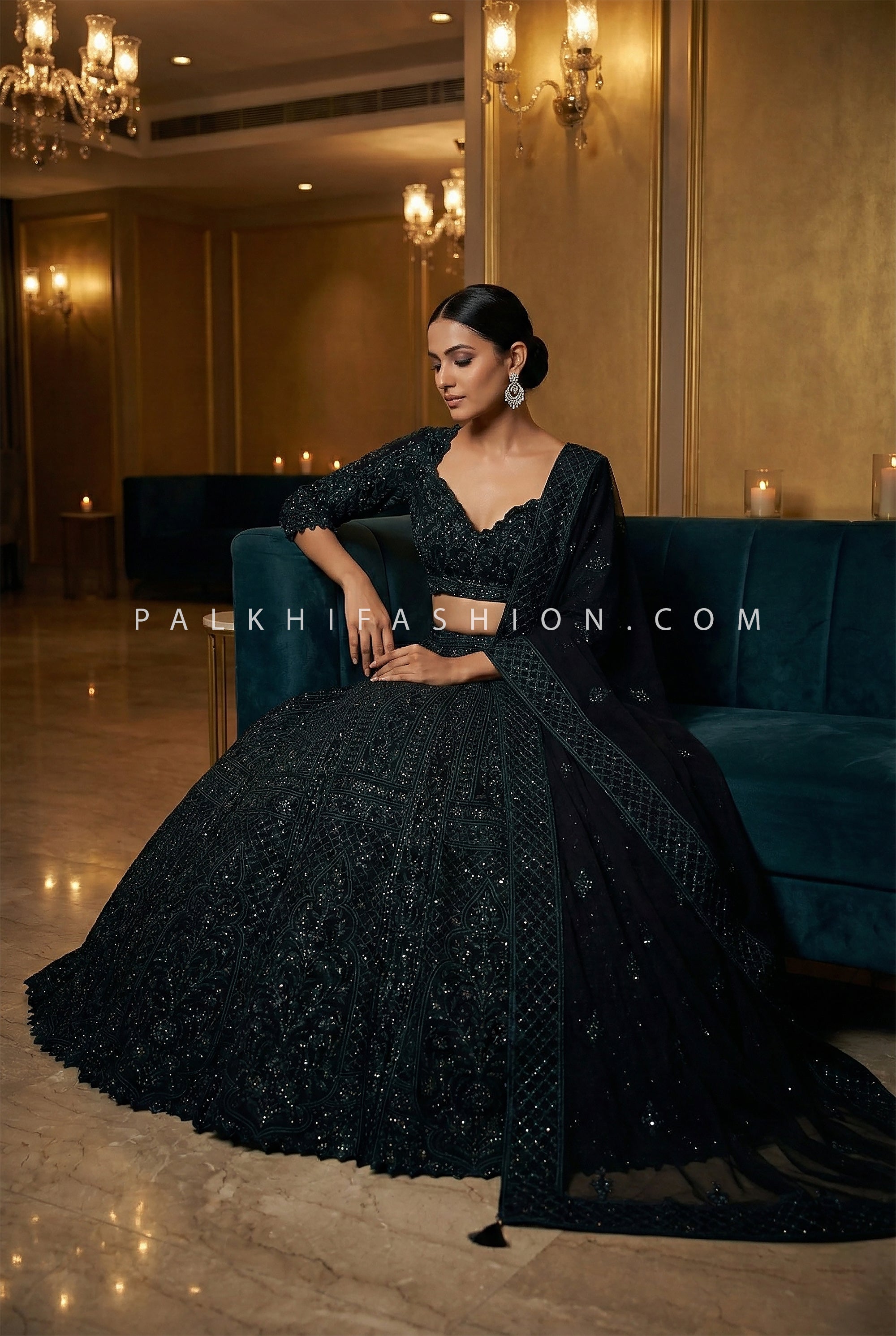 Regal Noir Edit - Midnight Green Embroidered Lehenga Choli – Palkhi Fashion