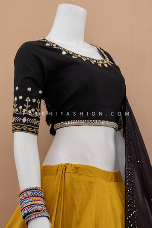 🐘 Regal Rhythm: Mustard & Black Navratri Chaniya Choli With Appealing Work