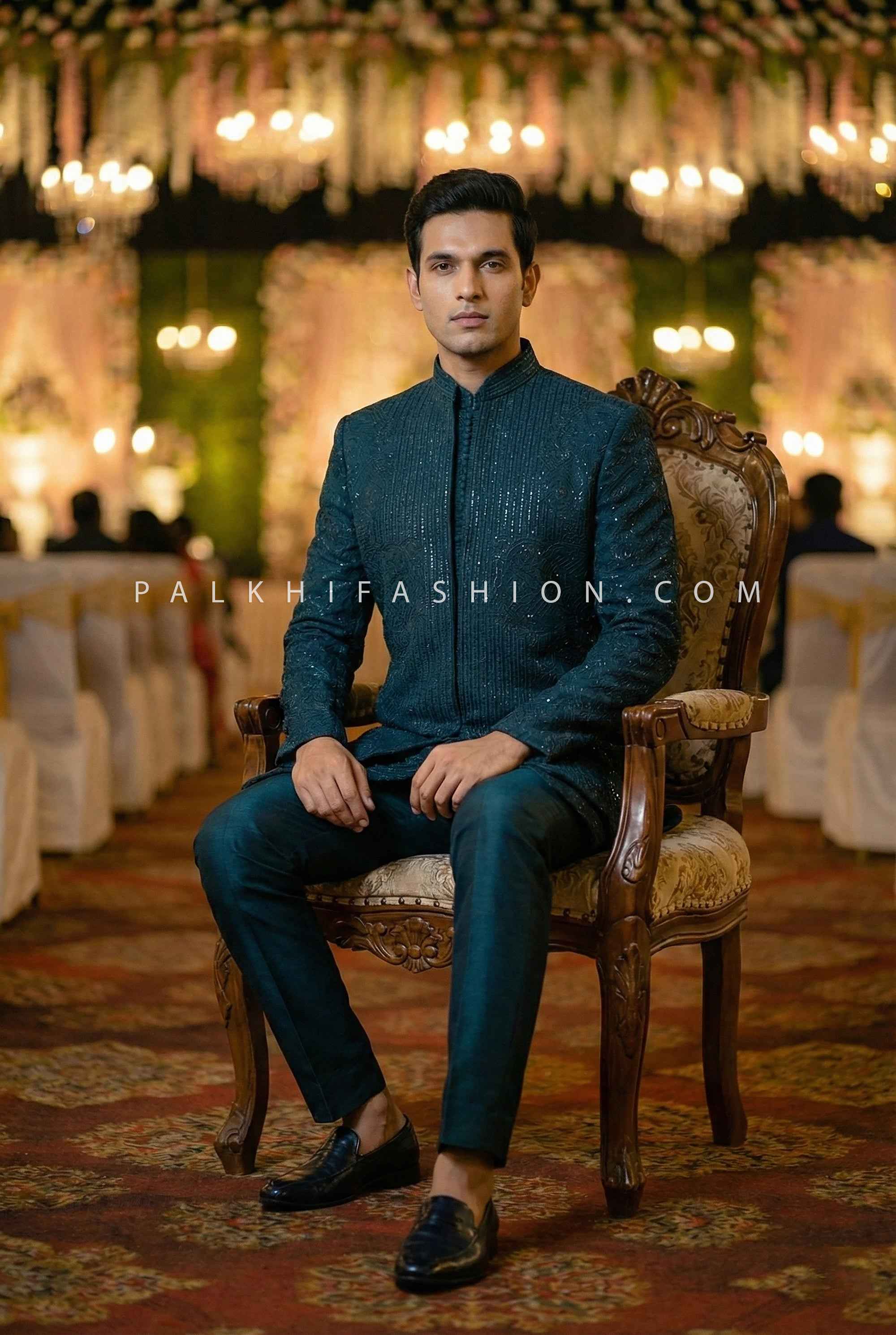 Regal Teal Majesty – Designer Indo-Western Set with Embroidered Jacket & Georgette Kurta