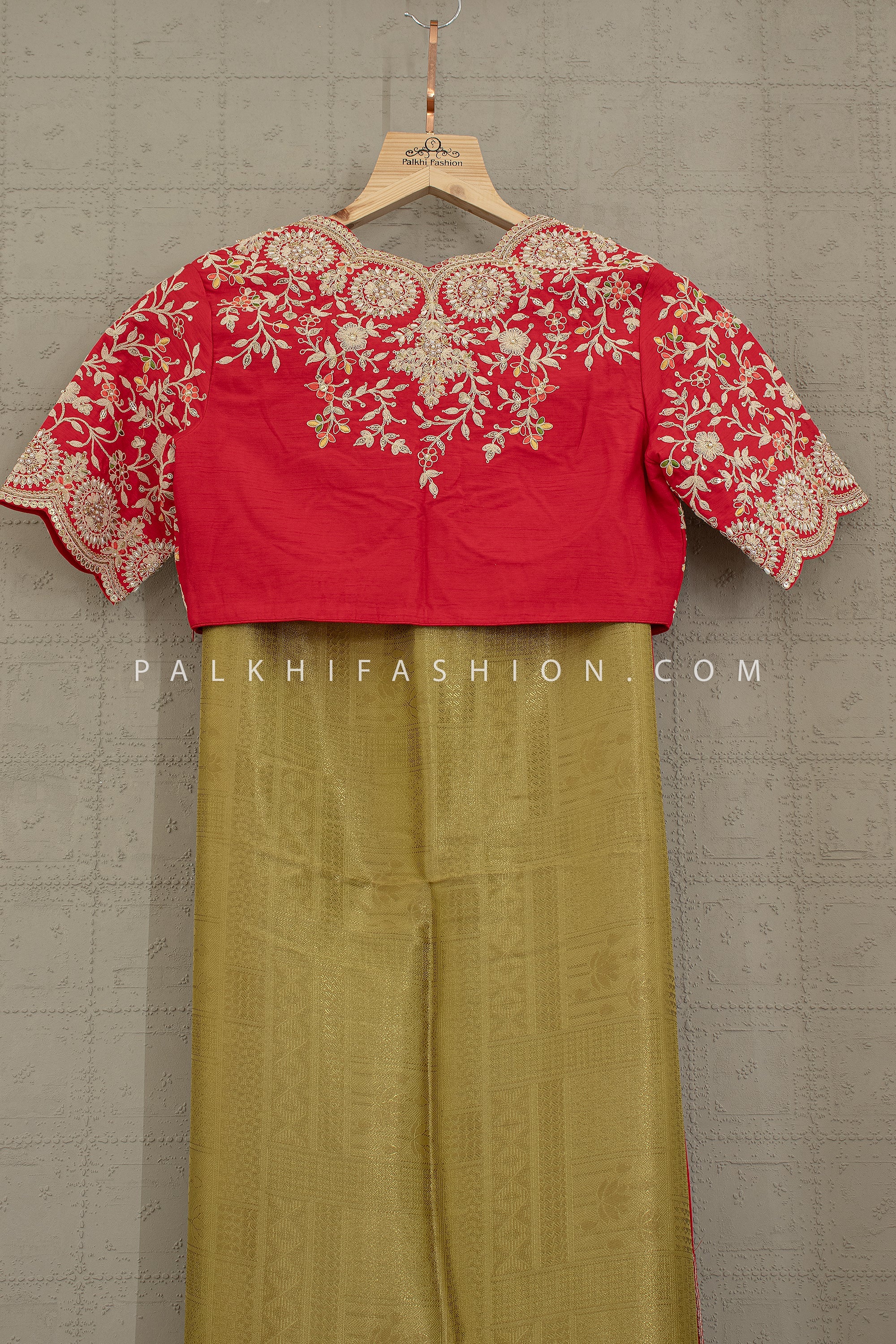 Regal Vermilion & Gold: Kanjivaram - Inspired Saree with Heavy Embroidered Blouse – Palkhi Fashion Houston