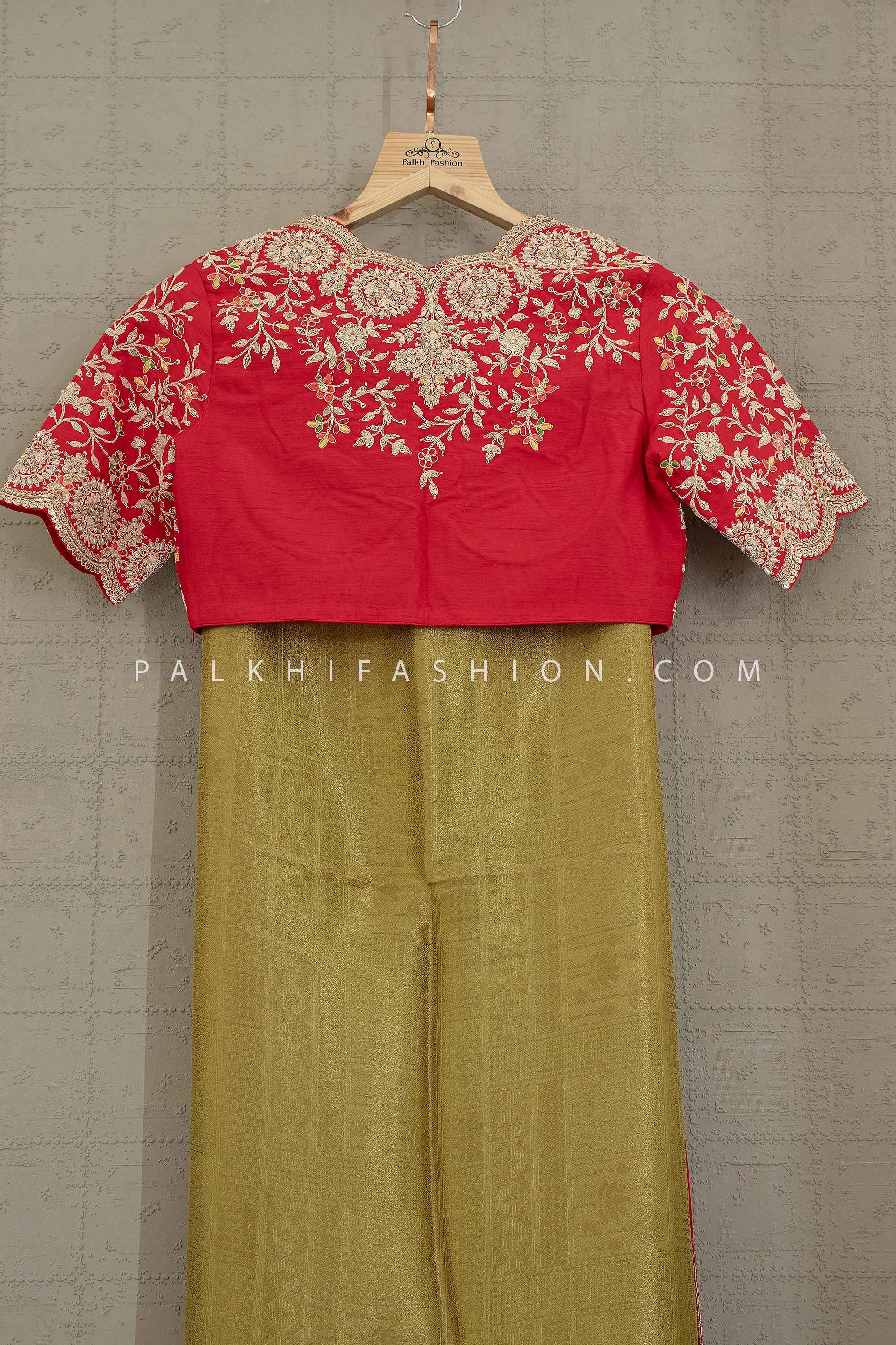 Regal Vermilion & Gold: Kanjivaram-Inspired Saree with Heavy Embroidered Blouse – Palkhi Fashion Houston