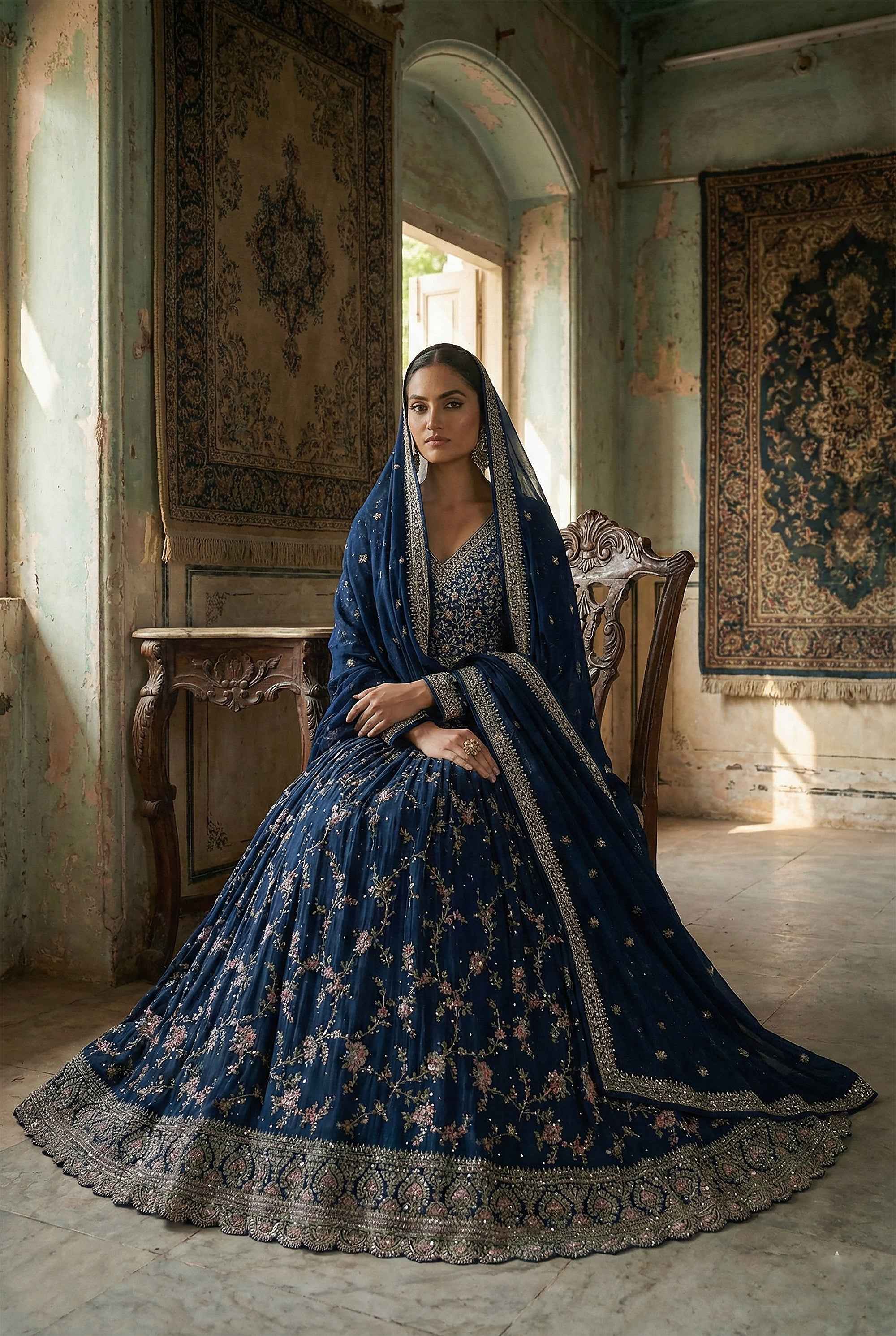 Regal Vinework –Midnight Navy Blue Embroidered Designer Gown | Palkhi Fashion