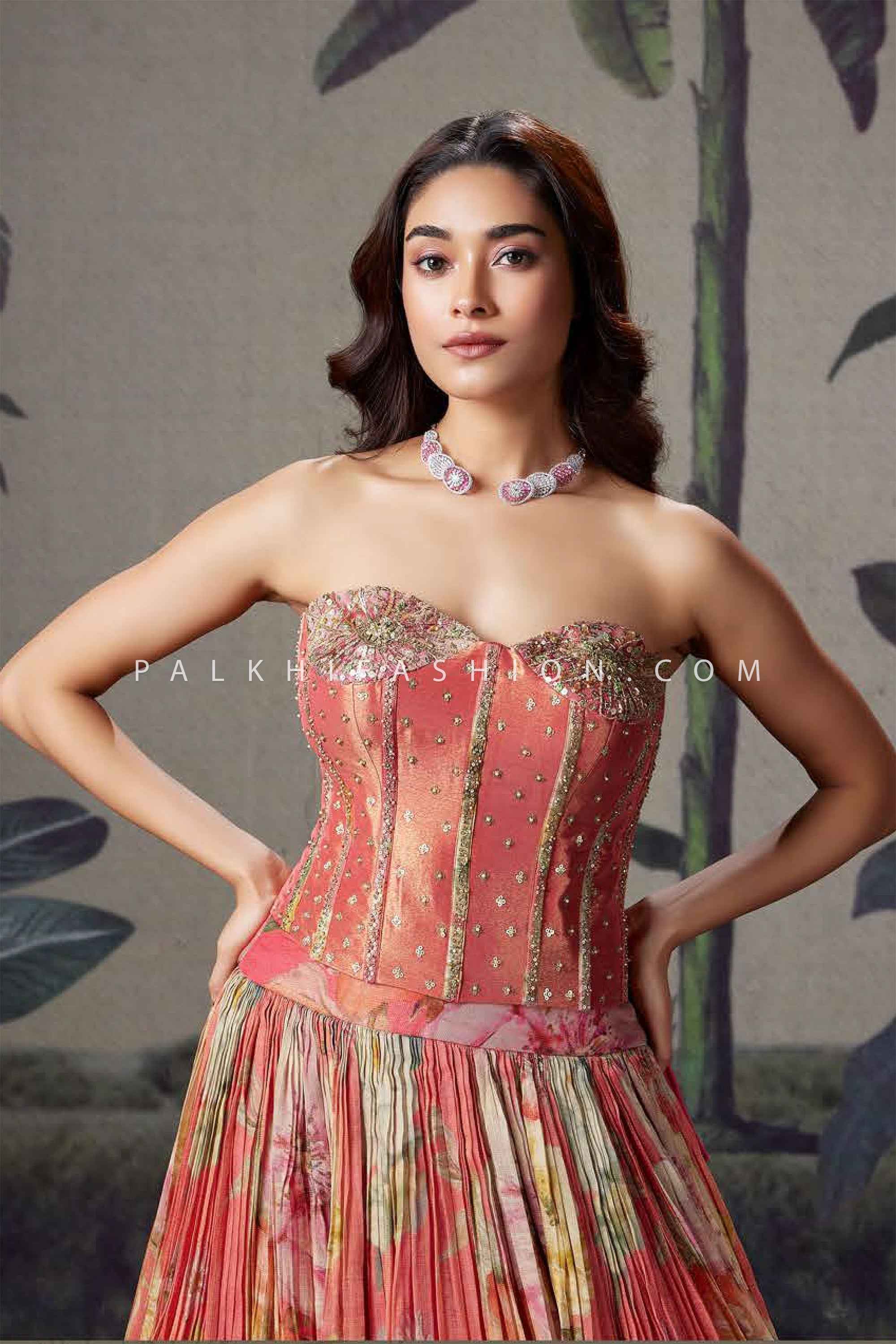 Resort Bloom Strapless Corset Designer Lehenga Set | Palkhi Fashion Houston