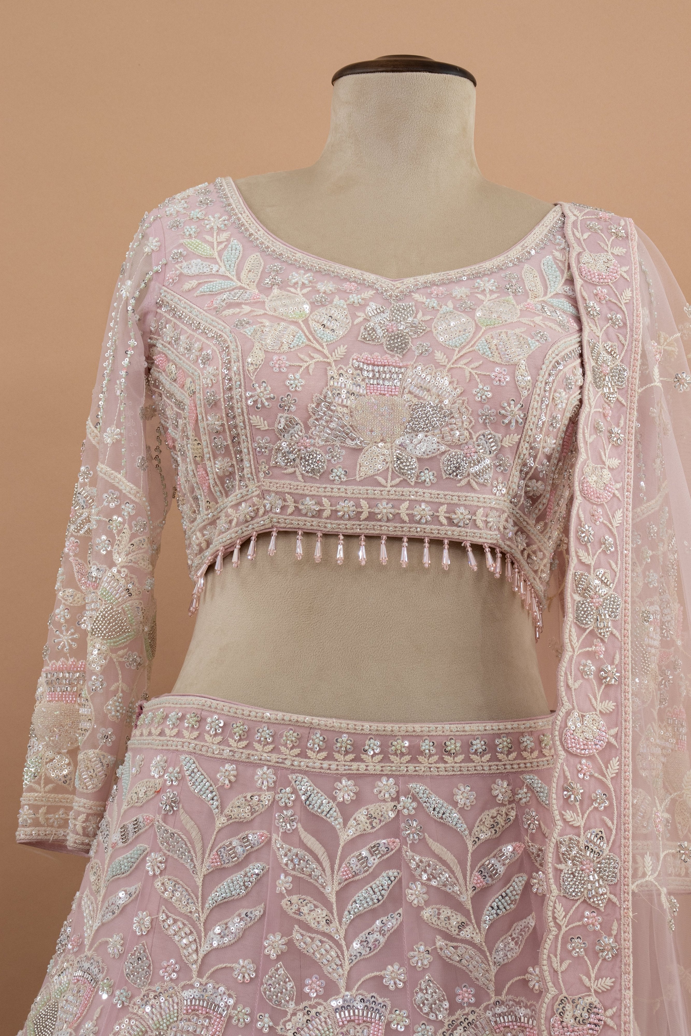 Rose - Quartz Radiance: Pastel Pink Designer Lehenga Choli with Beads & Cutdana – Palkhi Fashion