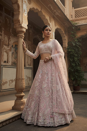 Rose - Quartz Radiance: Pastel Pink Designer Lehenga Choli with Beads & Cutdana – Palkhi Fashion