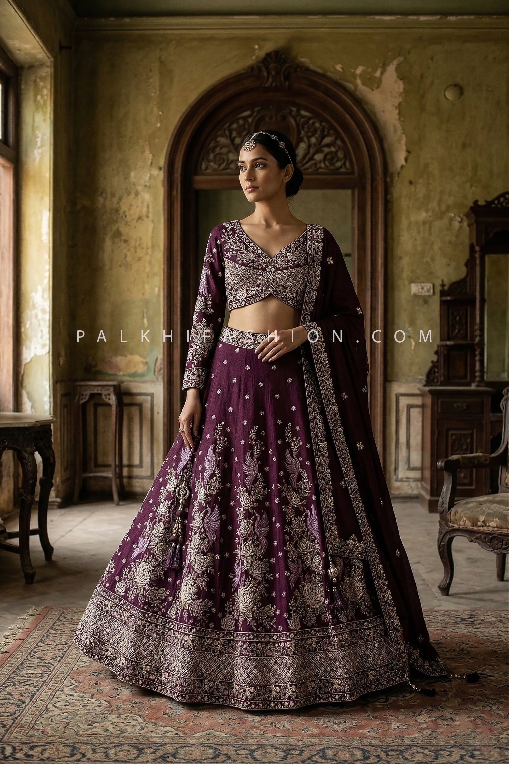 Royal Aubergine Couture - Deep Purple Raw Silk Embroidered Lehenga Set – Palkhi Fashion