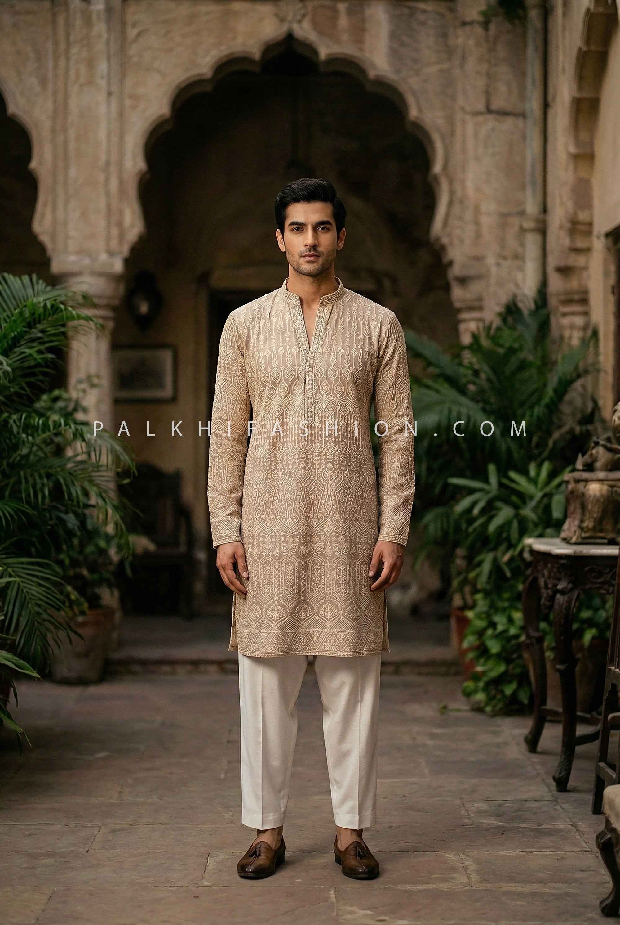 Royal Beige — Pure Georgette Embroidered Men’s Kurta Set | Palkhi Fashion Houston