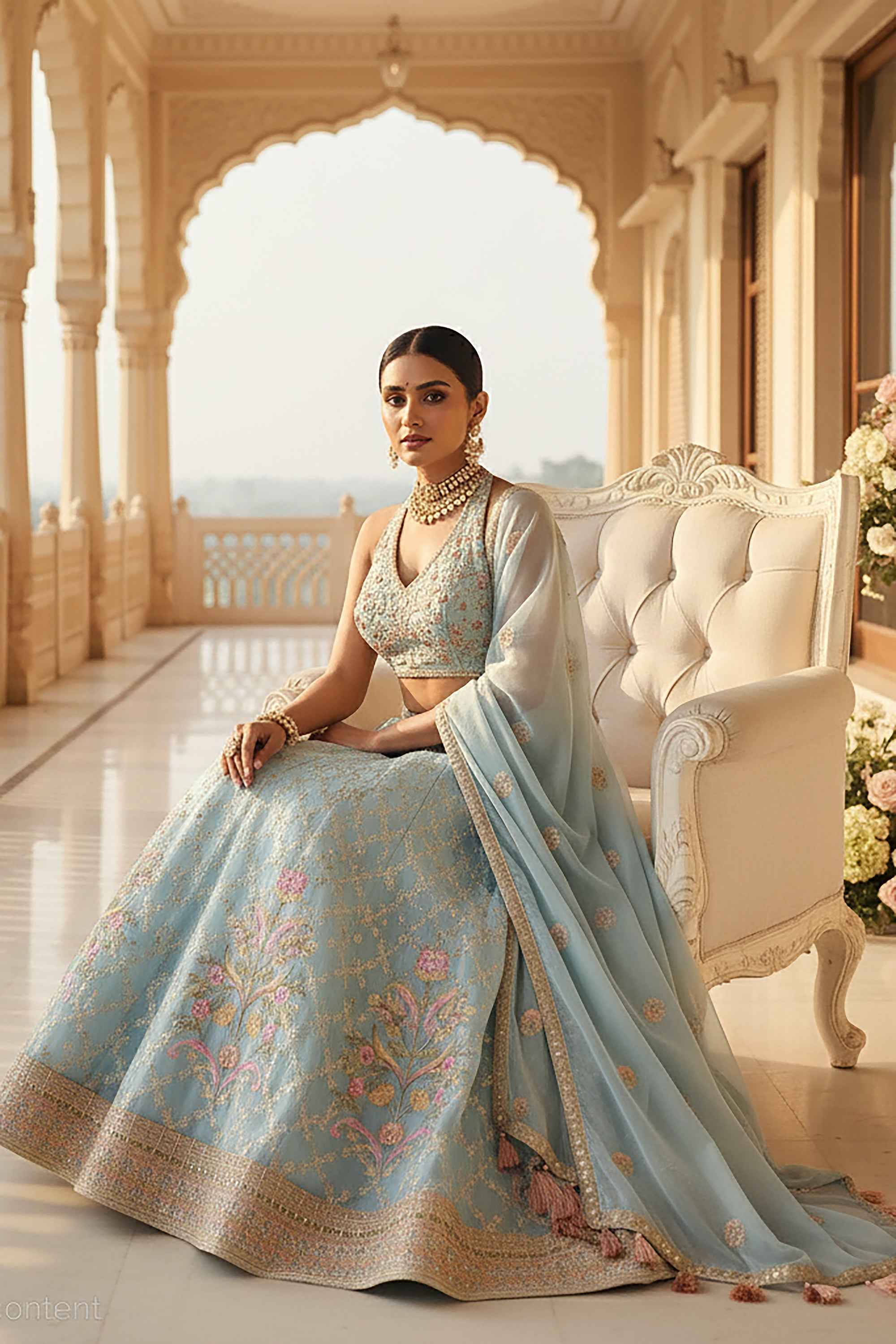 Royal Bloom: Ice Blue Resham Lehenga with Handcrafted Halter Blouse – Palkhi Fashion