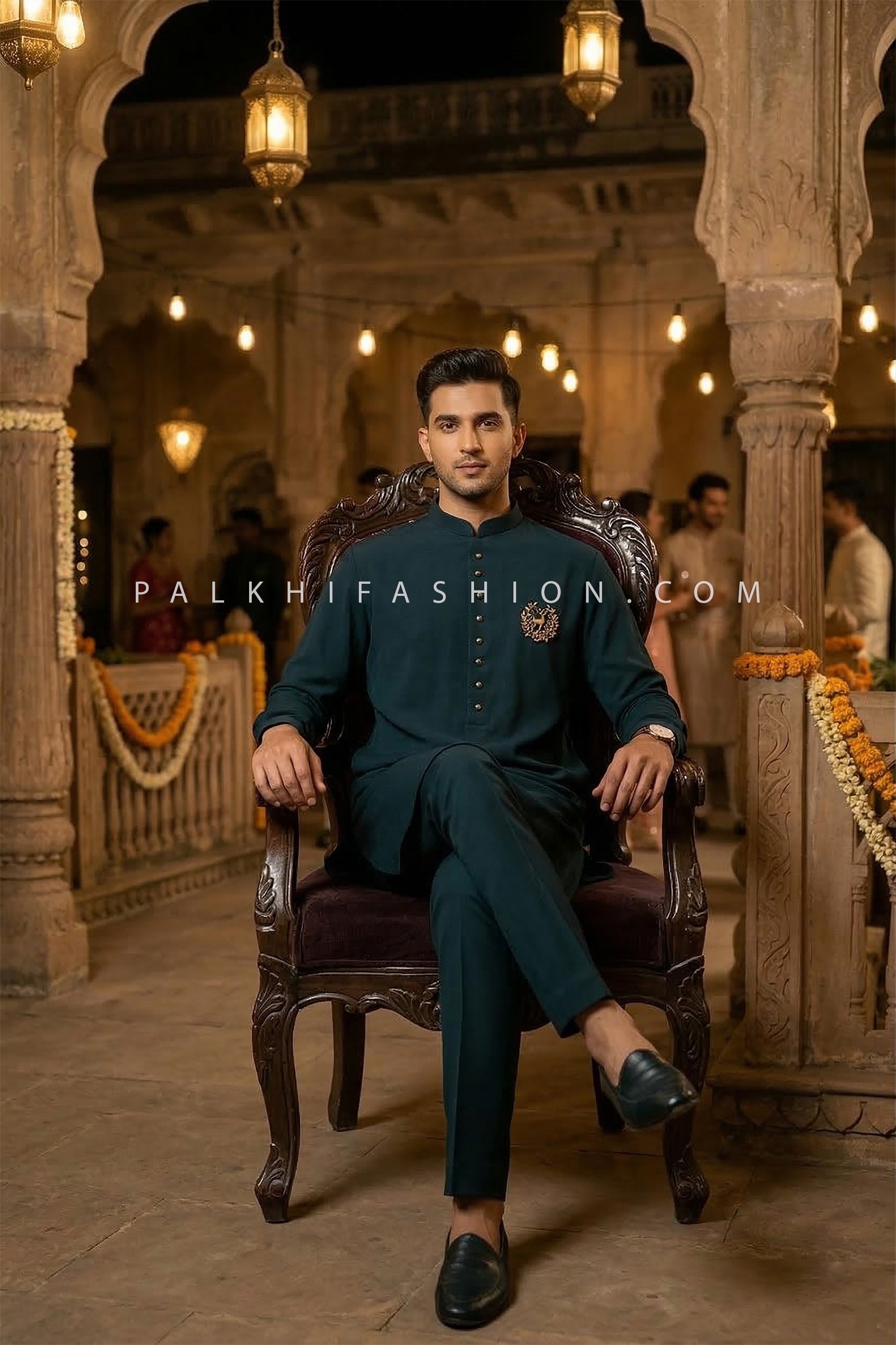 Royal Evening Attire – Dark Teal Silk Kurta Ensemble– Palkhi Fashion