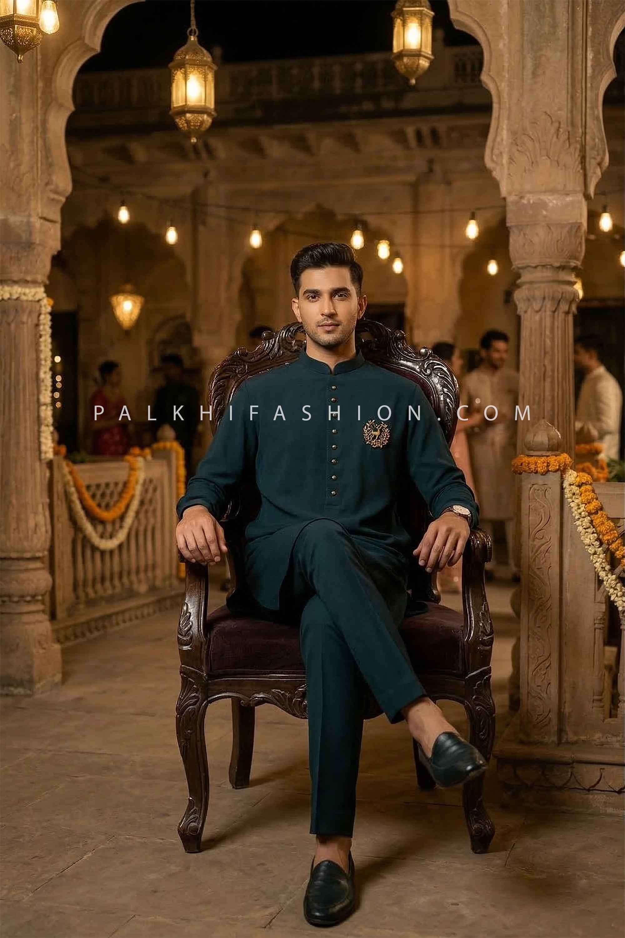 Royal Evening Attire – Dark Teal Silk Kurta Ensemble– Palkhi Fashion