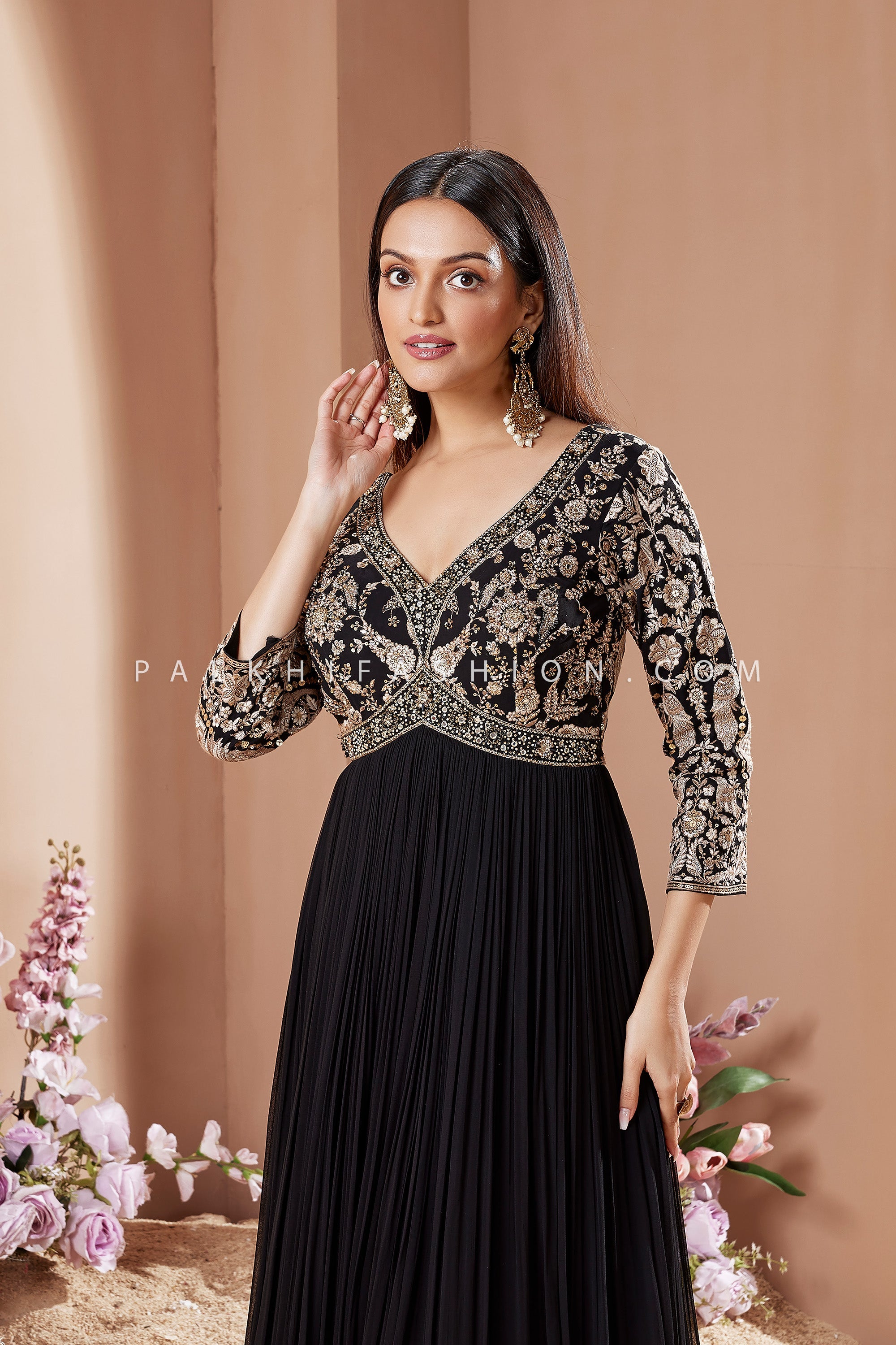 Royal Evening Glamour – Black Designer Georgette Gown – Palkhi Fashion