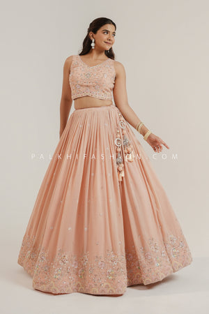 Royal Grace: Peach Designer Lehenga Choli with Bead & Handwork – Palkhi Fashion