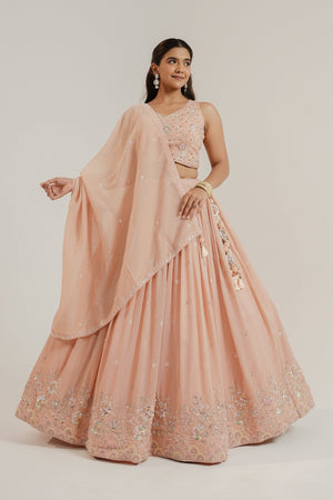 Royal Grace: Peach Designer Lehenga Choli with Bead & Handwork – Palkhi Fashion