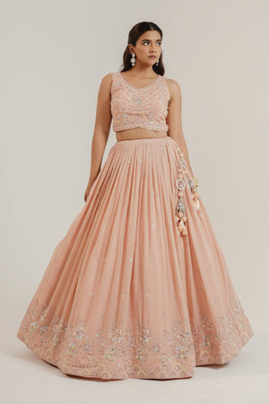 Royal Grace: Peach Designer Lehenga Choli with Bead & Handwork – Palkhi Fashion