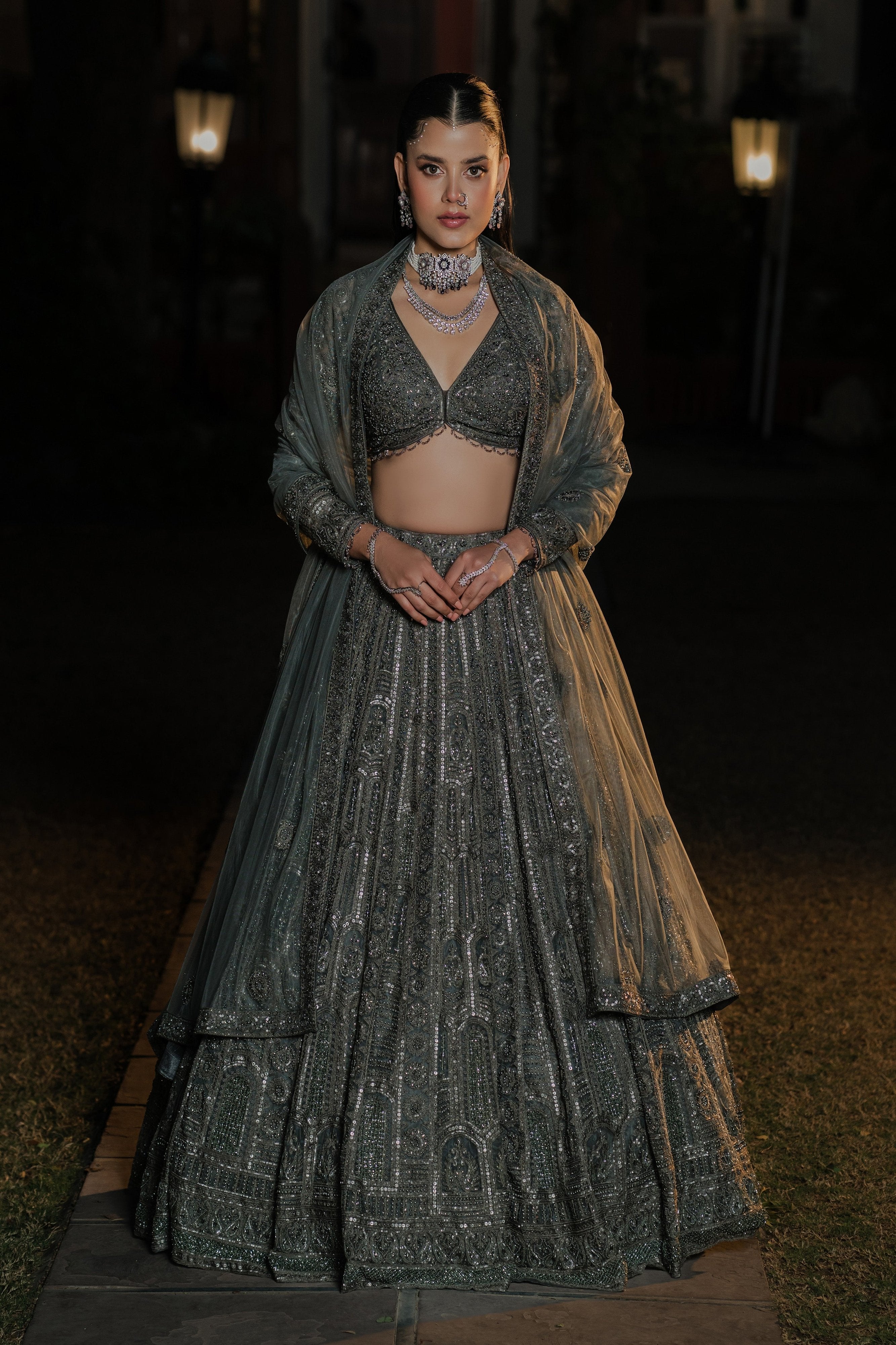 Royal Grandeur: Dark Green Hand worked Designer Lehenga Choli