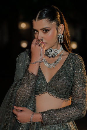 Royal Grandeur: Dark Green Hand worked Designer Lehenga Choli