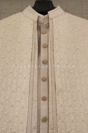 Royal Ivory Glow: Champagne Raw Silk Layered Indo Western with Petite Stone & Thread Work – Palkhi Fashion