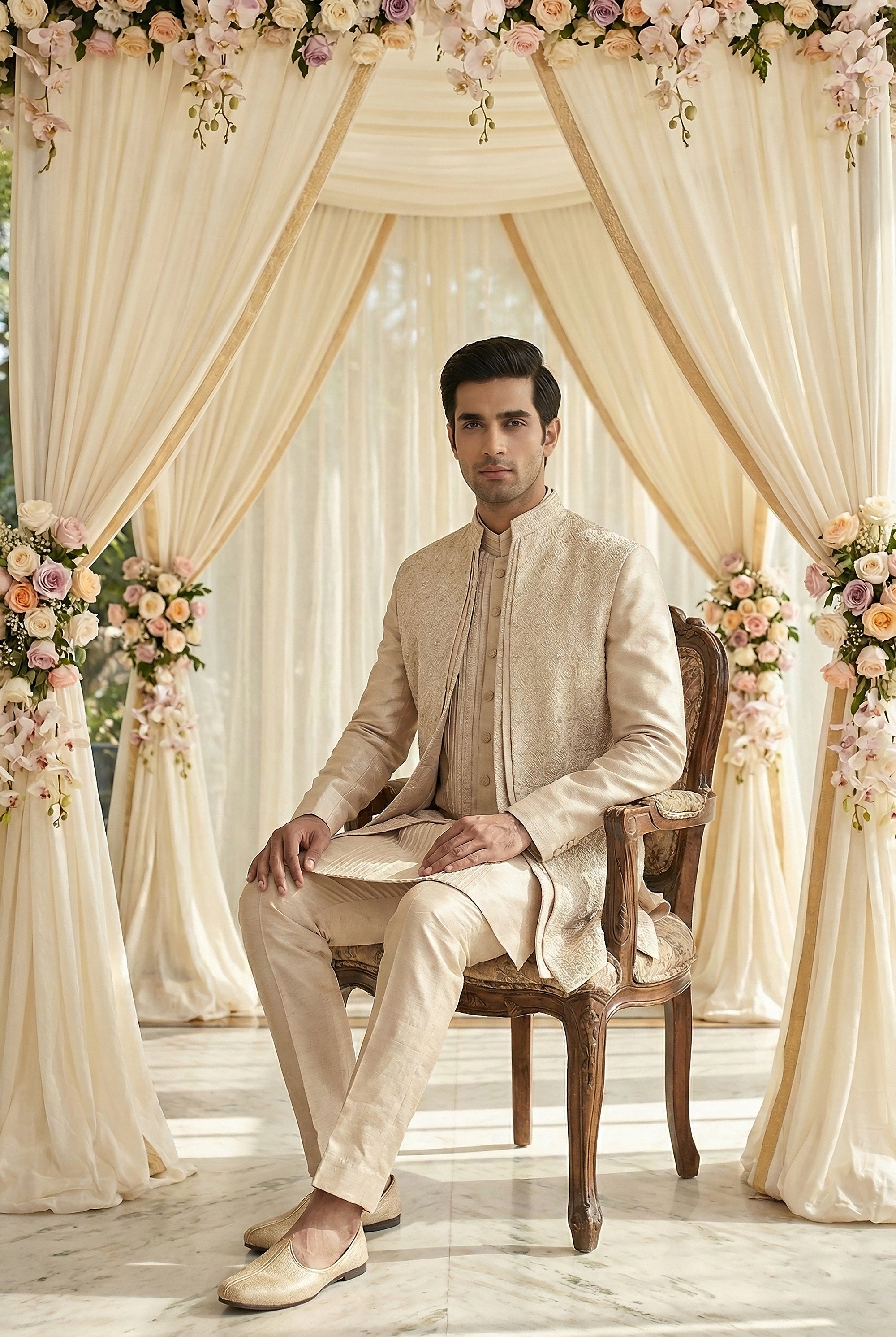 Royal Ivory Glow: Champagne Raw Silk Layered Indo Western with Petite Stone & Thread Work – Palkhi Fashion