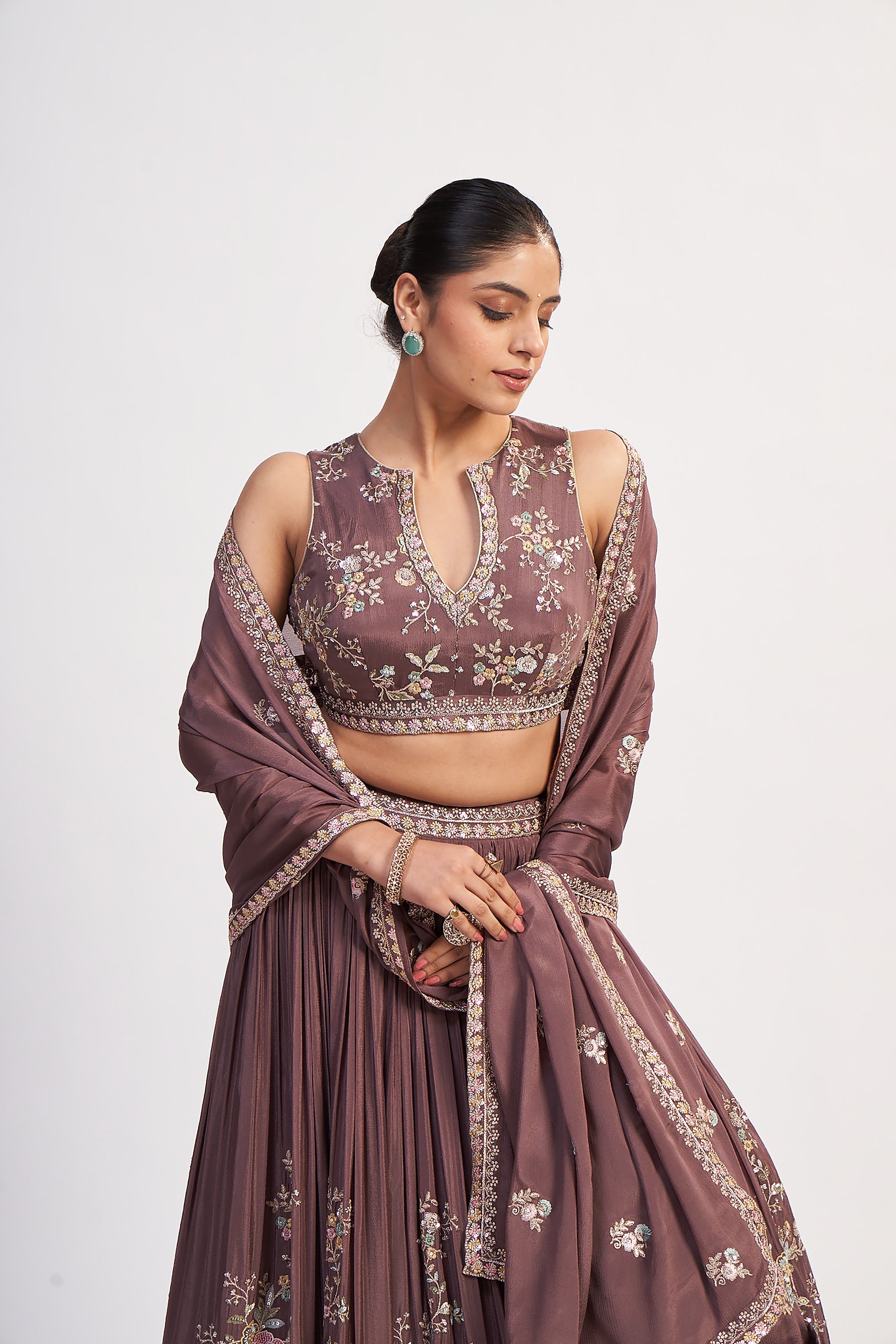 Royal Mauve Blossom – Pastel Floral Jaal Panelled Lehenga with 3D Resham Embroidery & Designer Blouse