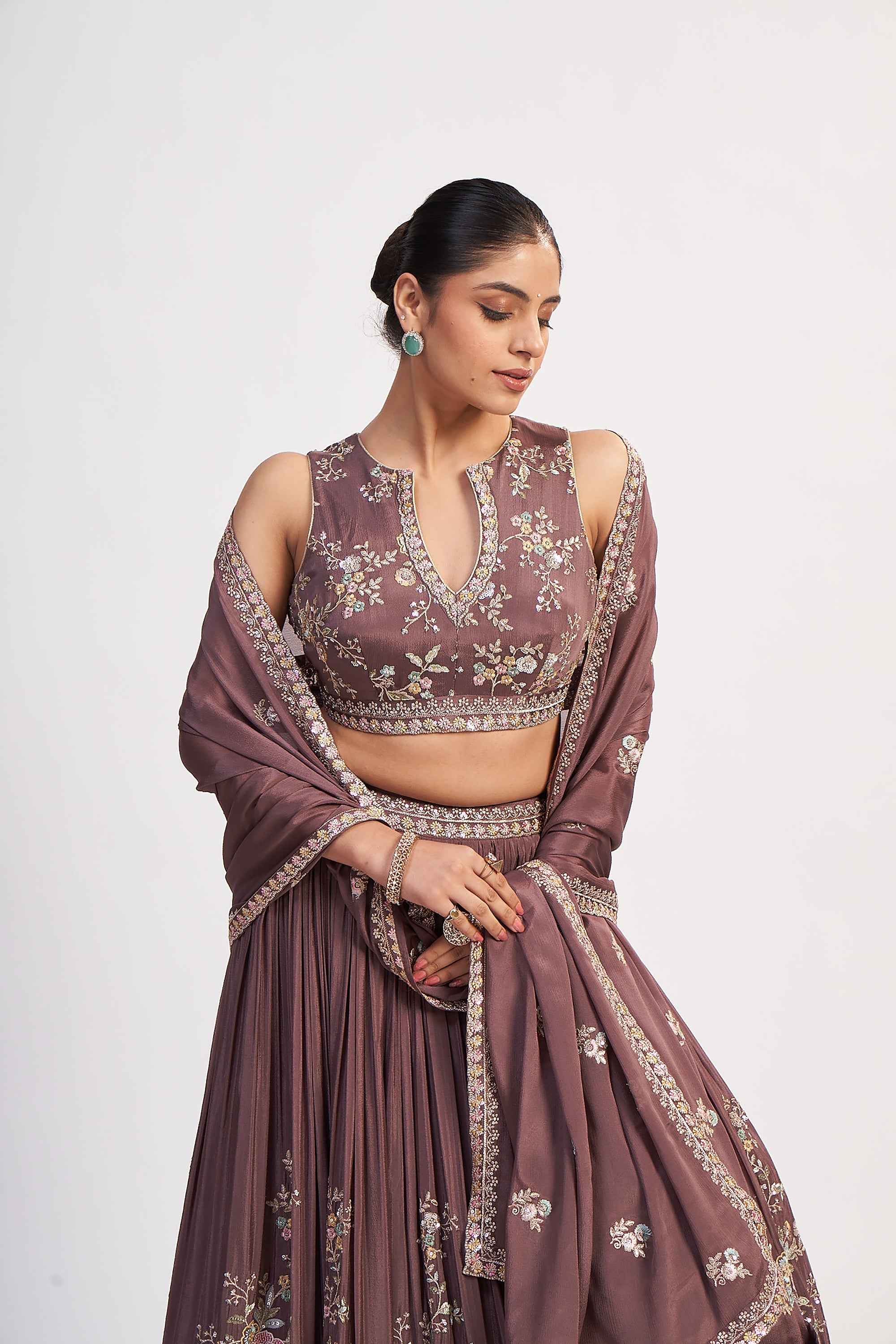 Royal Mauve Blossom – Pastel Floral Jaal Panelled Lehenga with 3D Resham Embroidery & Designer Blouse