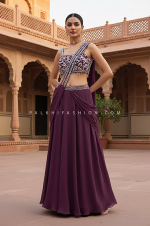 Royal Mulberry: Mulberry Draped Lehenga Choli with Hand - Embroidered Blouse – Palkhi Fashion
