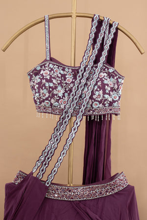 Royal Mulberry: Mulberry Draped Lehenga Choli with Hand - Embroidered Blouse – Palkhi Fashion