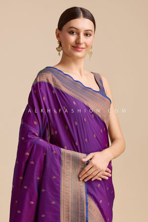 Royal Purple Kanjivaram Silk Saree with Contrasting Blouse ā Palkhi Fashion
