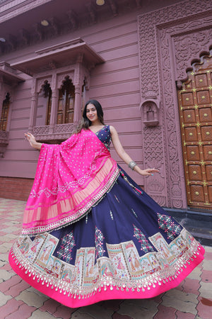 Royal Radiance: Blue Designer Chaniya Choli with Mirror & Bandhani Work – Palkhi Fashion