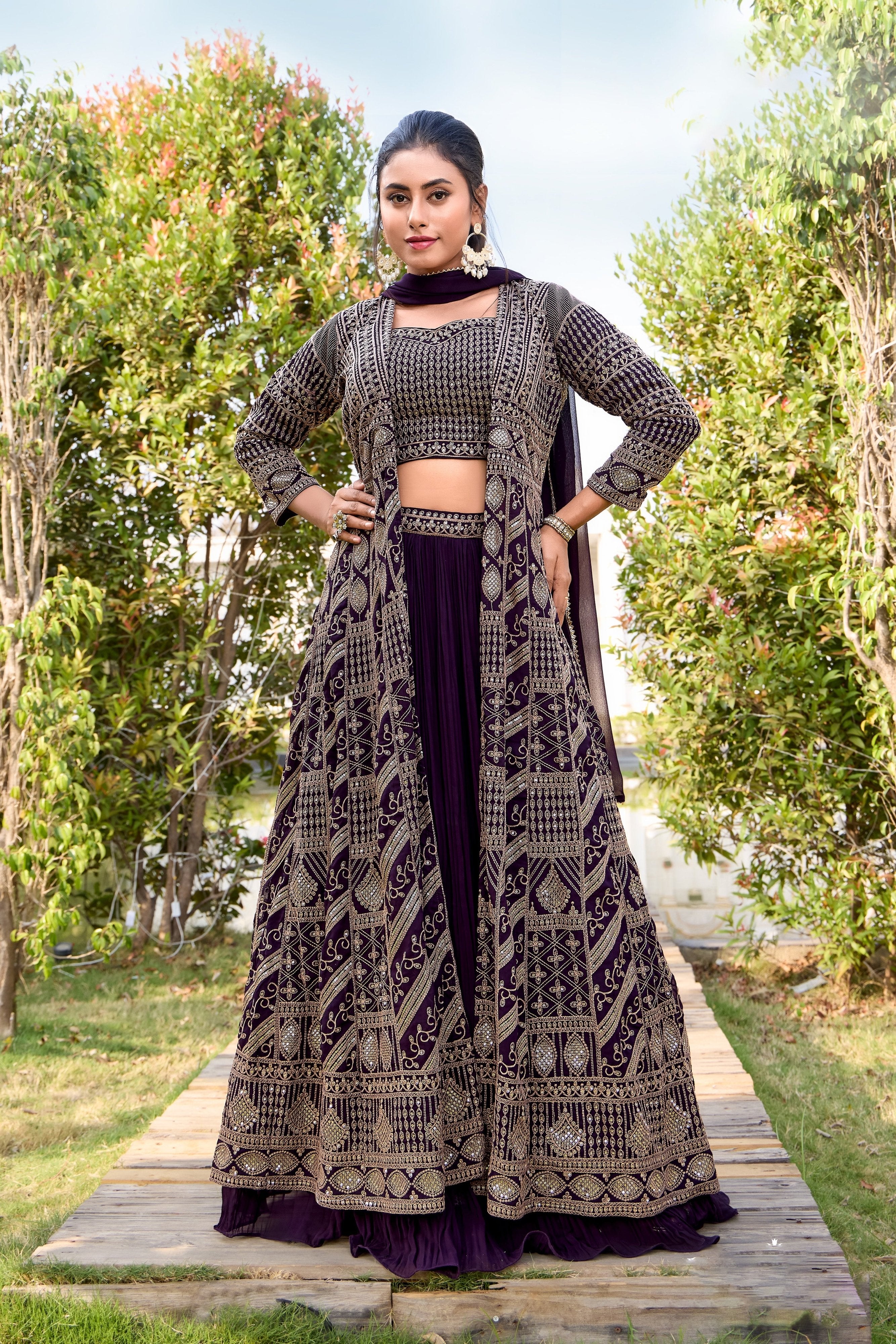 Royal Radiance: Deep Purple Indo - Western Lehenga Set with Embroidered Jacket