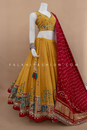 Royal Radiance: Light Mustard Designer Chaniya Choli with Mirror & Bandhani Work – Palkhi Fashion