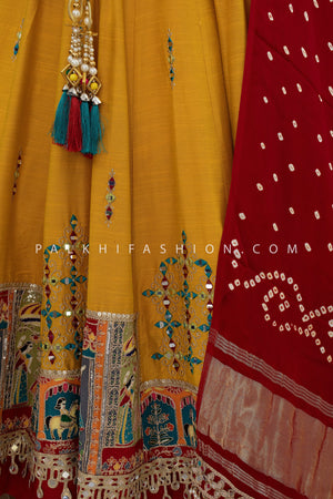 Royal Radiance: Light Mustard Designer Chaniya Choli with Mirror & Bandhani Work – Palkhi Fashion